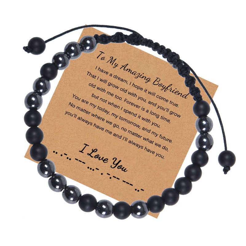 Morse Code Bracelet Natural Matte Stone Hematite Beaded Adjustable Woven Rope Bracelet With Inspirational Card Gift
