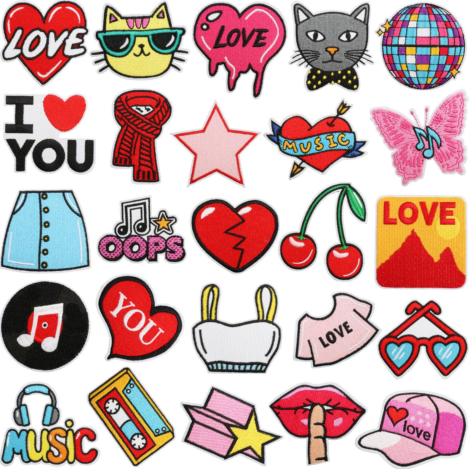 Embroidered Iron On Patches For Clothing Music Singer Inspired Applique Patches Retro Record Tape Guitar Lip Heart Patches For Jacket Backpack DIY Decoration