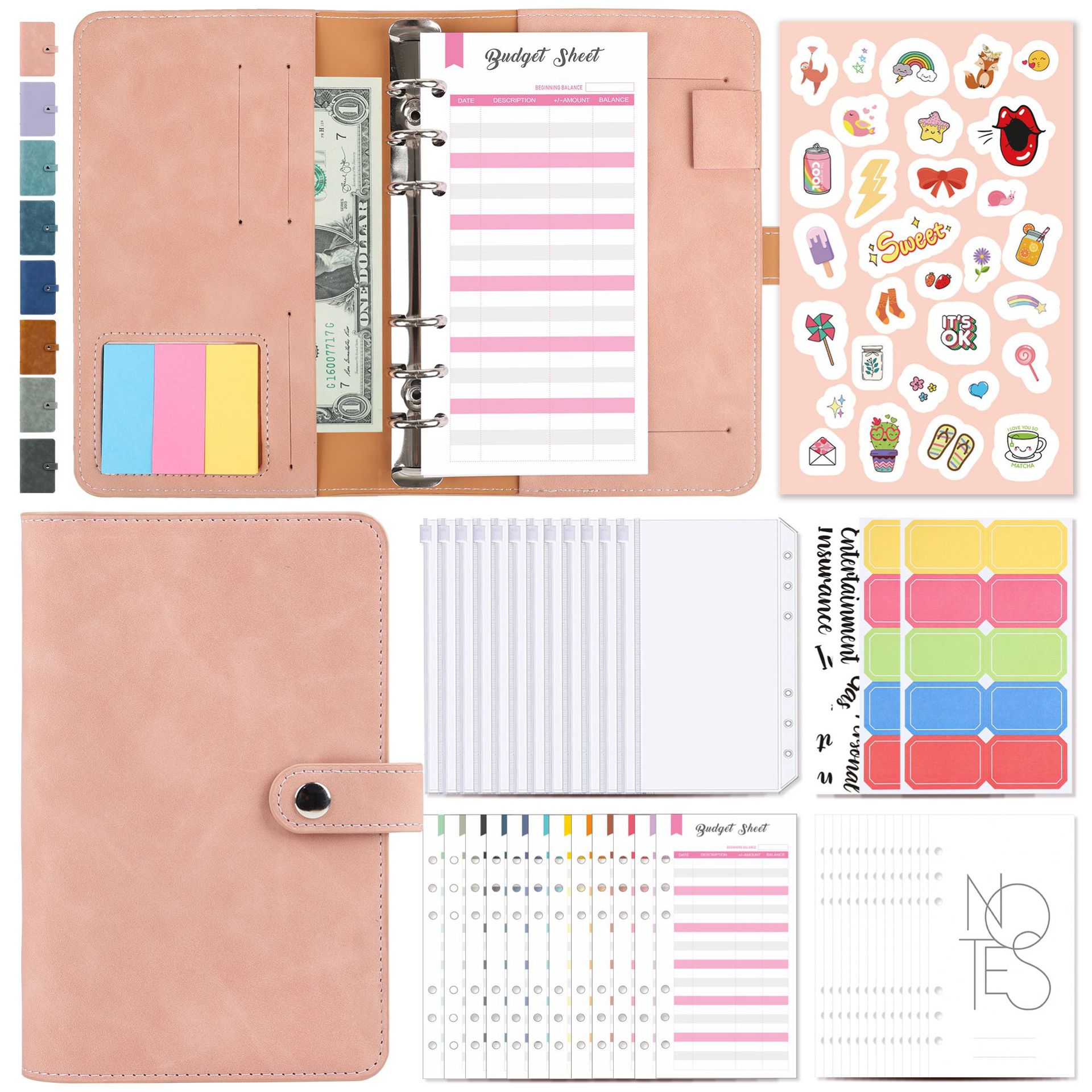 A6 Macaron PU Leather Budget Binder Notebook Set With 12 Zipper Pockets Budget Sheets Labels For Cash Envelope System Money Saving Organizer Women School Office