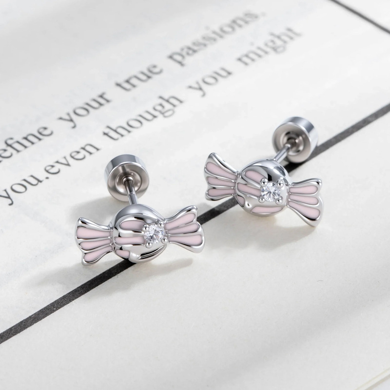Cute Pink Candy Titanium Steel Cartilage Stud Earrings for Women Girls Copper Zirconia Enamel Screw Back Flat Back Ear Piercing Jewelry