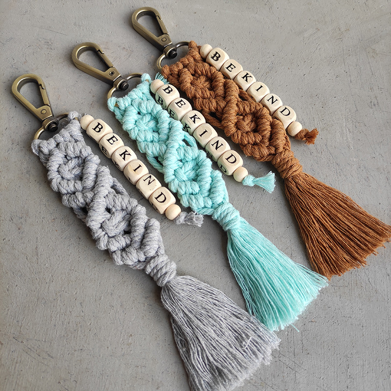 Handmade Macrame Keychain With BE KIND Wood Letter Beads Cotton Thread Tassel Bag Charm For Women Friends Gift Bohemian Boho Accessory