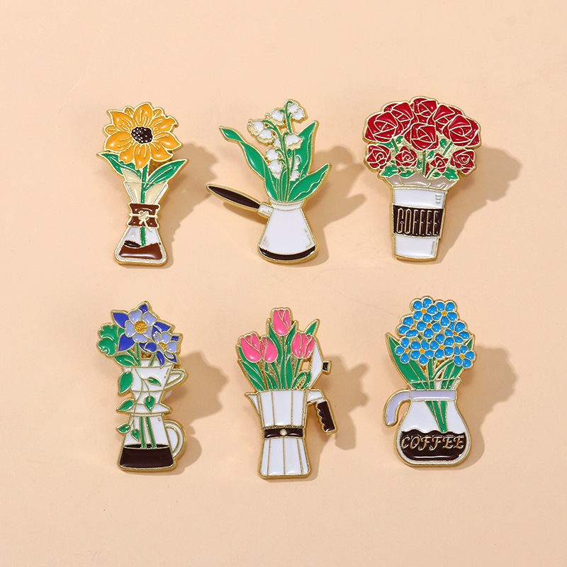 Cartoon Enamel Coffee Flower Brooch Alloy Moka Pot Rose Tulip Sunflower Badge Lapel Pin Jewelry For Backpack Hat Clothes Women Gift