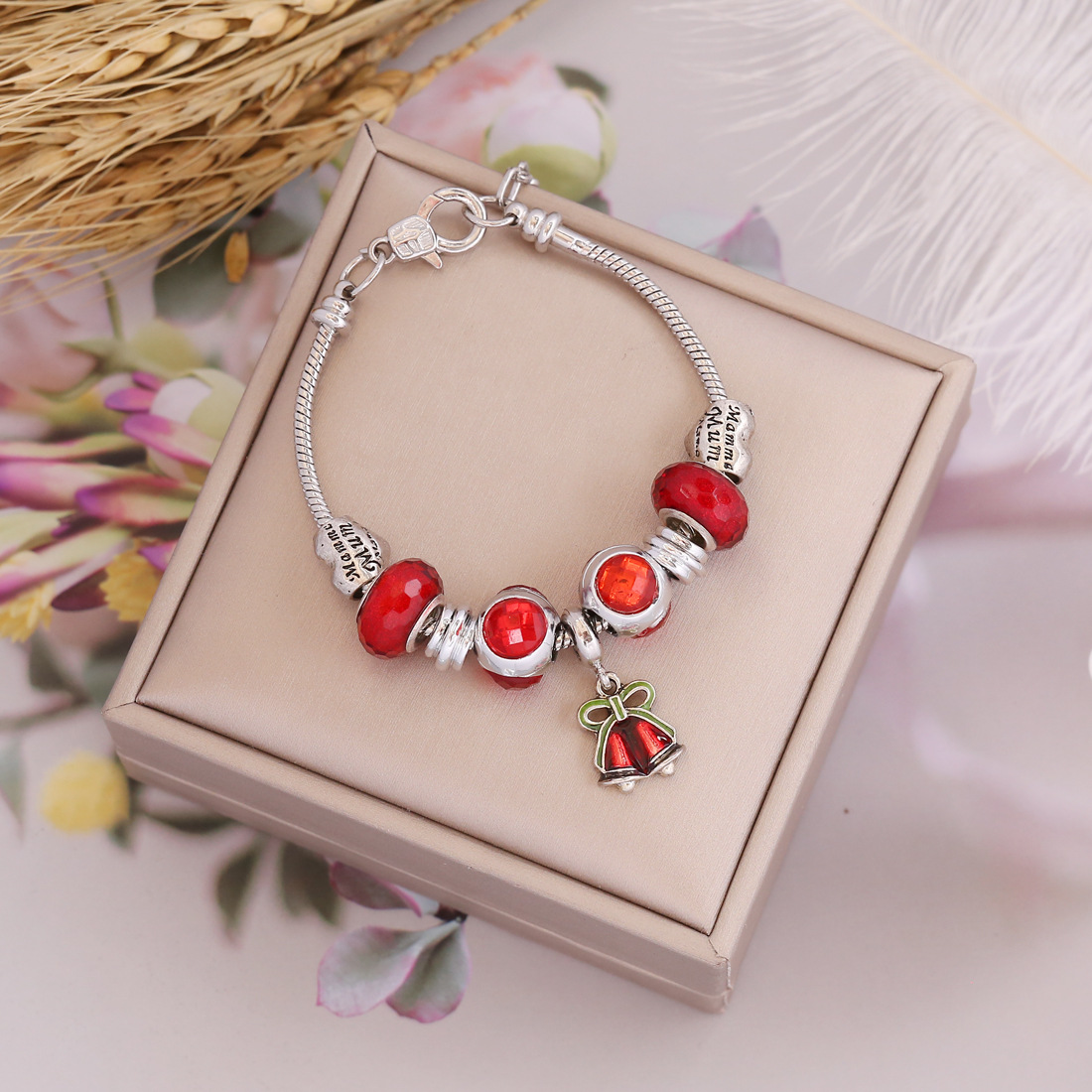 Christmas Charm Bracelet Alloy Glass Beads Adjustable Snake Chain Heart Snowflake Santa Jewelry Gift For Women