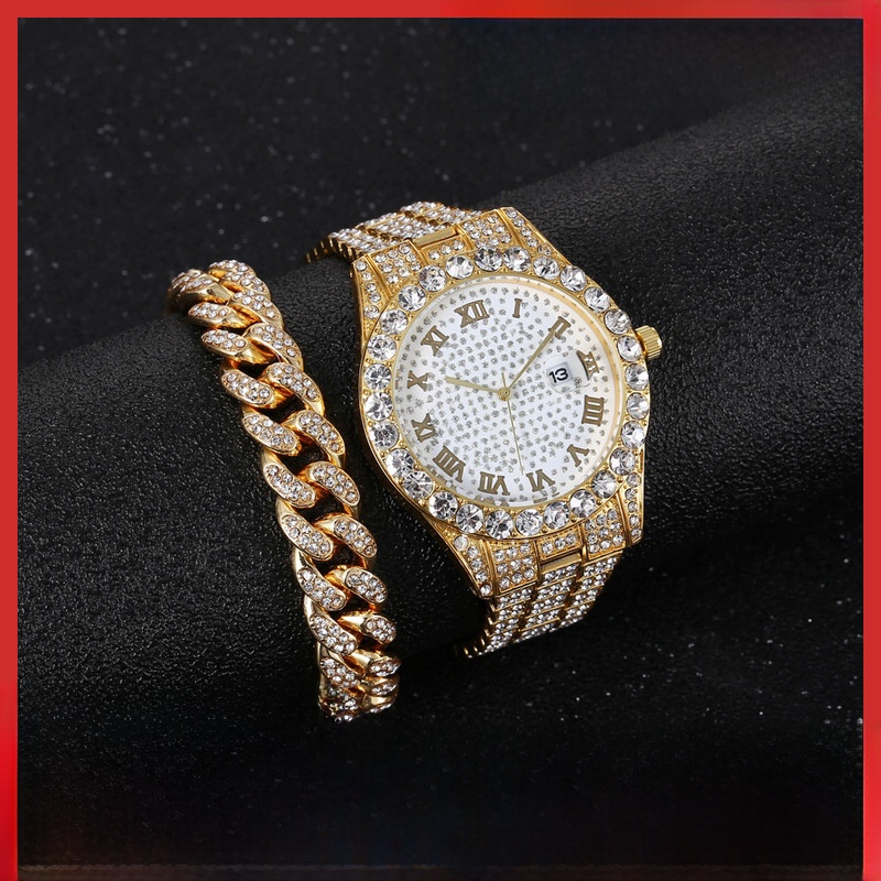 Luxury Men's Hip Hop Iced Out Watch Bracelet Set Stainless Steel Rhinestone Quartz Watch With Calendar Roman Numerals Cuban Chain Link Bracelet Gold Silver Rose Gold Jewelry For Men Business Party Gift