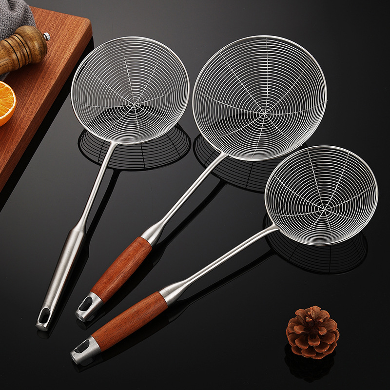304 Stainless Steel Wire Mesh Skimmer Spoon With Heat Resistant Rosewood Handle Long Handle Kitchen Strainer For Frying Boiling Dumplings Noodles