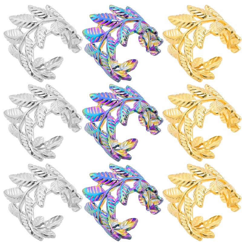 Retro Stainless Steel Leaf Ring Adjustable Open Bohemian Laurel Leaves Jewelry For Women Men Vacuum Plating