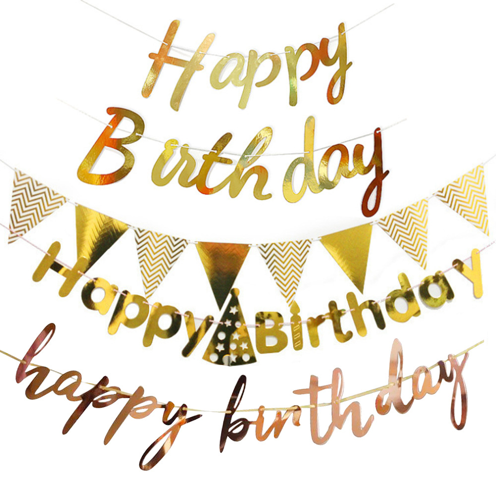 Metallic Happy Birthday Banner Triangle Bunting Flags Gold Silver Rose Gold Cardboard Pull Flags Hanging Decorations For Baby Kids 1st Birthday Party Celebration