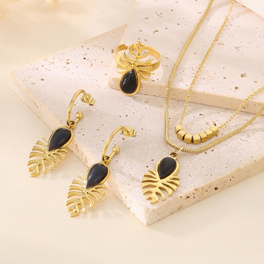 Stainless Steel Jewelry Necklace Earrings Ring For Women Double Layer Snake Chain Leaf Design Inlaid Opal Elegant Decor