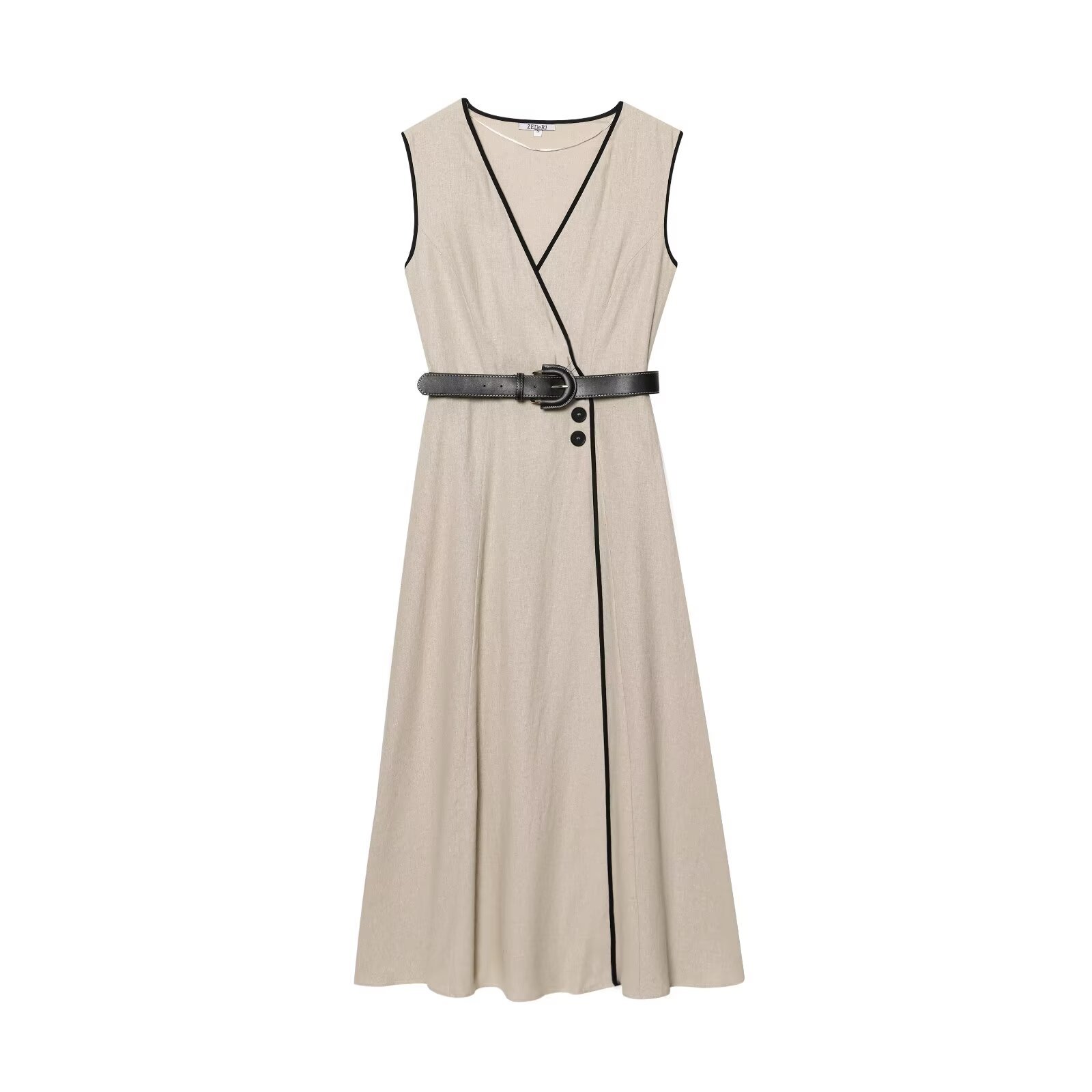 Women's Sleeveless V-Neck Midi Dress Linen Cotton Blend A-Line Belted Dress Contrast Binding Street Style Solid Color Casual Party Dress For Women Khaki
