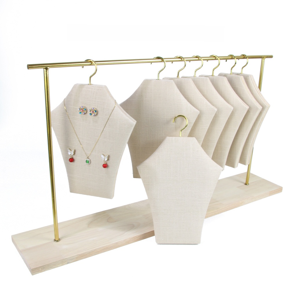Creative Metal Jewelry Display Stand Wood Base Linen Fabric Necklace Earring Organizer For Boutique Shop Live Streaming Home Jewelry Storage