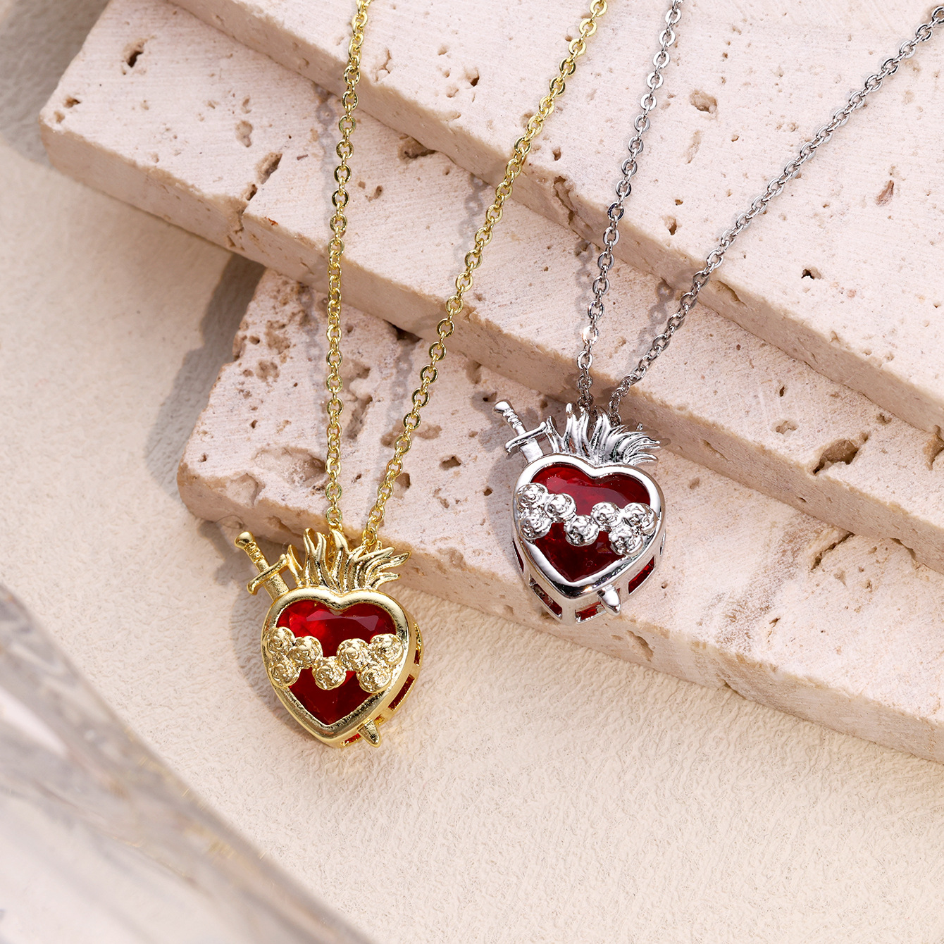 Red Heart Sword Through Heart Pendant Necklace Copper Gold Silver Plated Gothic Vintage Style Jewelry