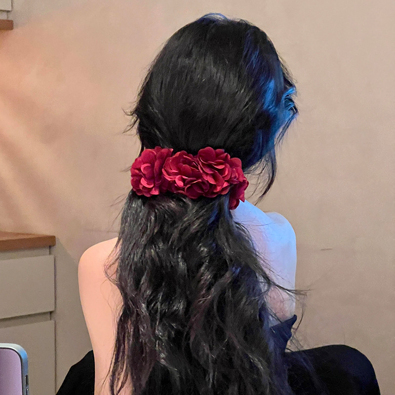 Elegant Large Burgundy Fabric Flower Banana Hair Clip For Women 2025 New Style Multi-Layer Rose Floral Hairpin High Quality Horse Tail Side Clip Daily Wedding Party Headwear Accessories