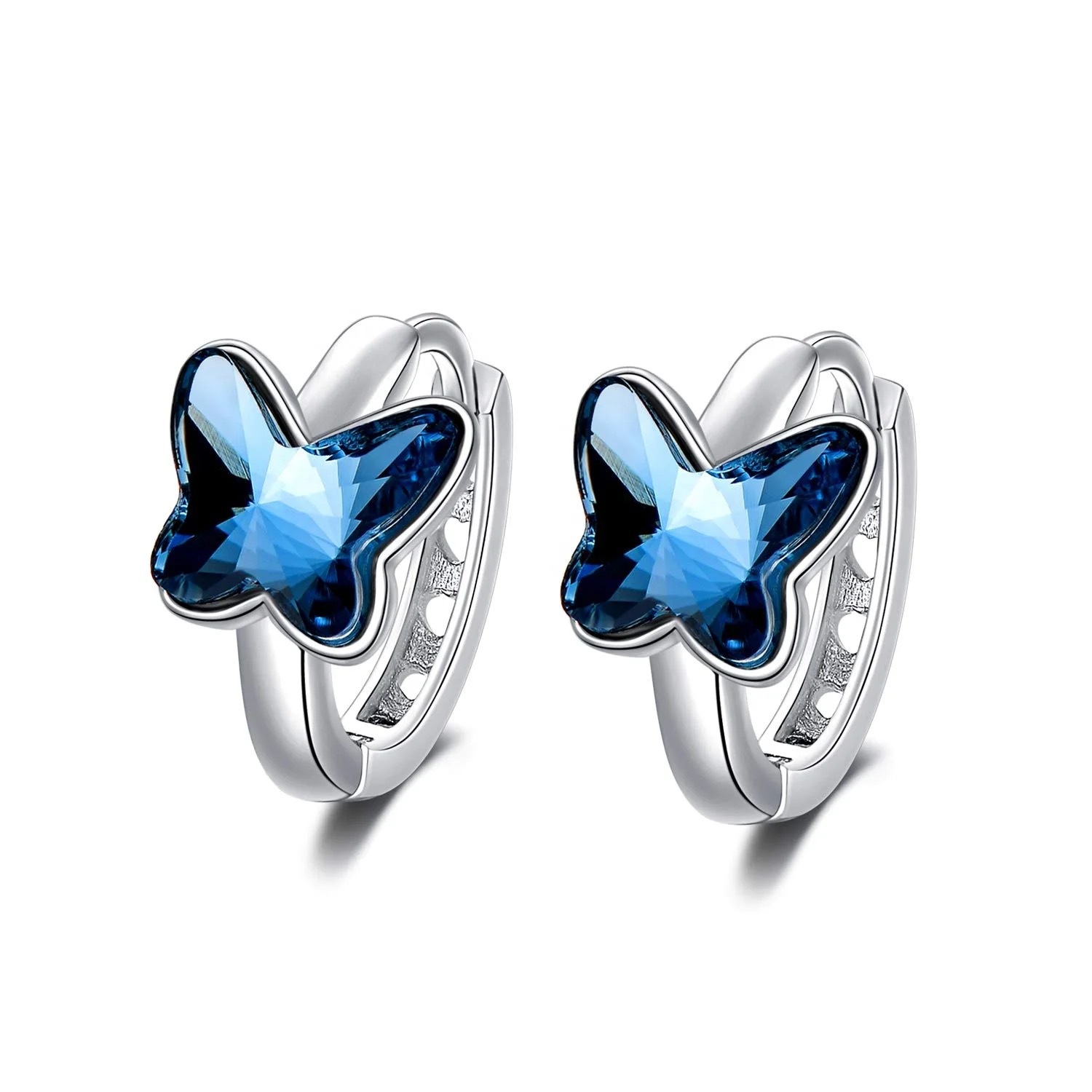 Butterfly Hoop Earrings Blue Crystal Copper With Silver Earring Post Fashion Jewelry For Women