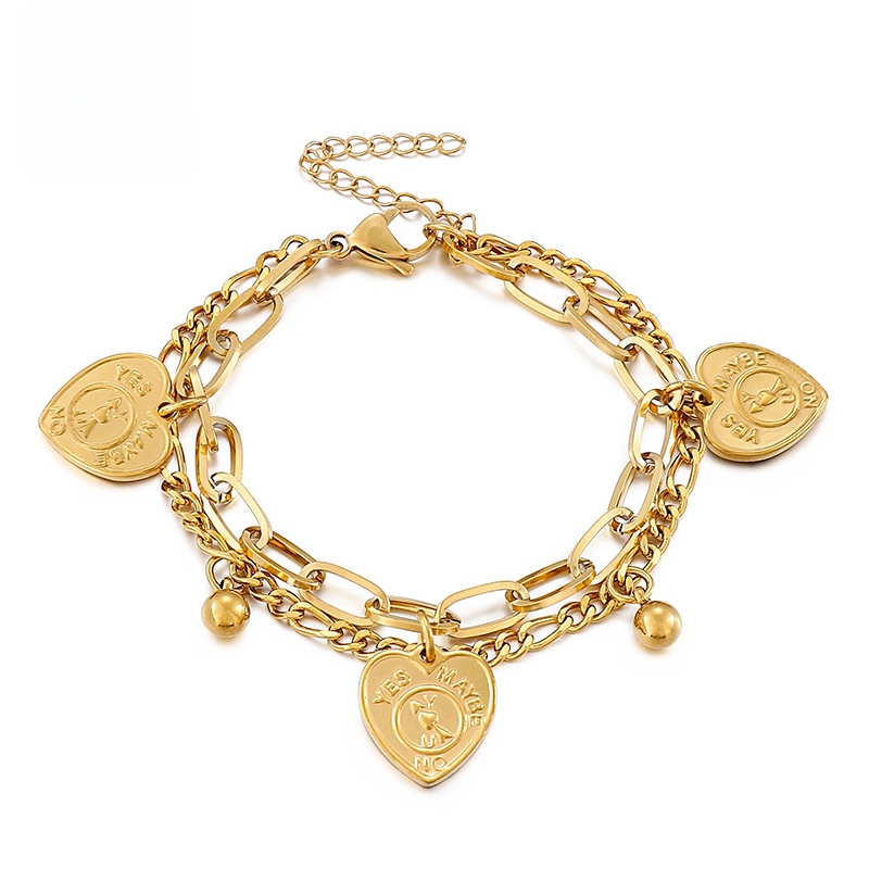 Double Layer Stainless Steel Heart Pendant Bracelet For Women Gold Silver Yes No Maybe Decision Maker Engraved Metal Chain Daily Jewelry Gift