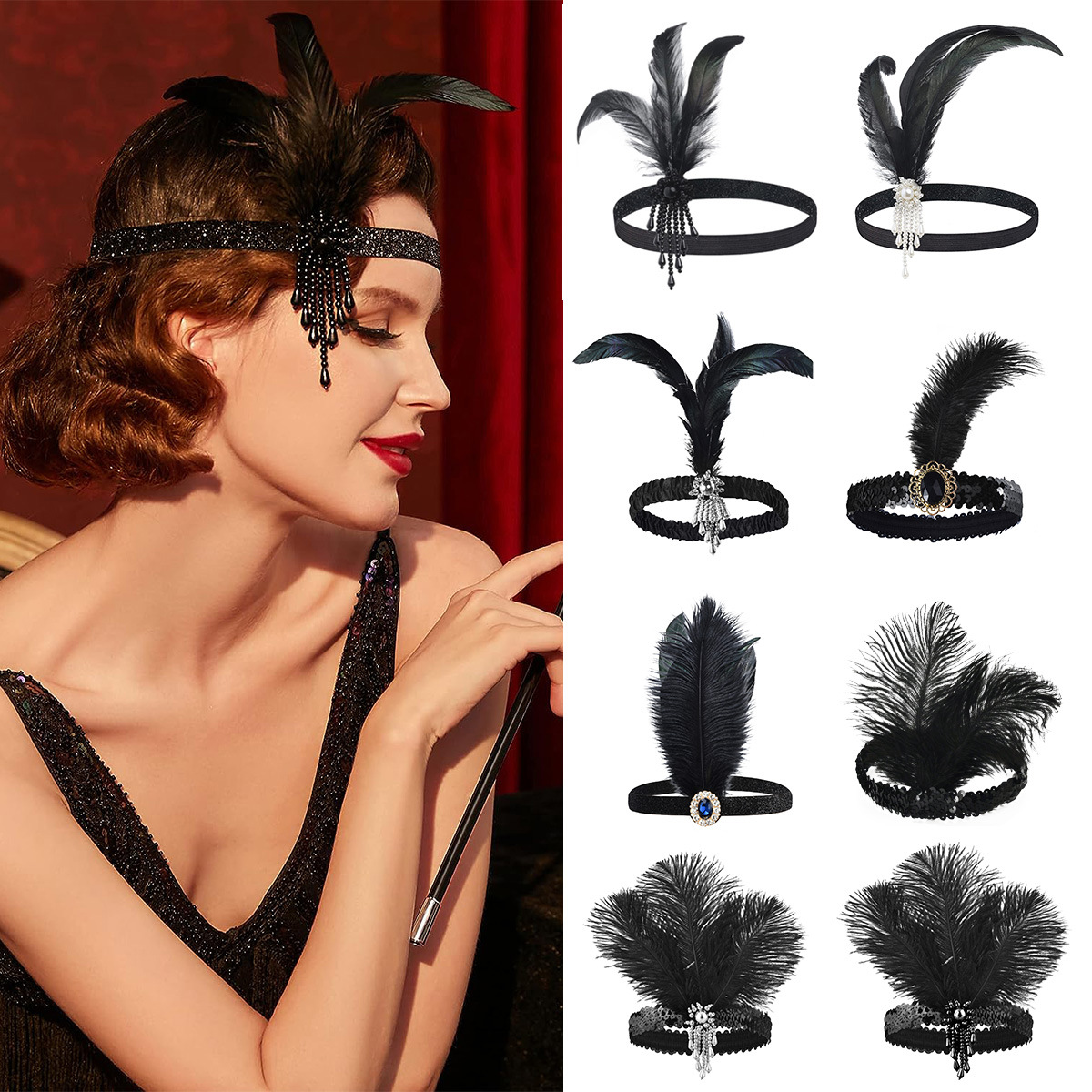 1920s Great Gatsby Feather Headband Retro Sequins Polyester Hair Band With Beads And Faux Gemstones For Masquerade Party Wedding Women Hair Accessories