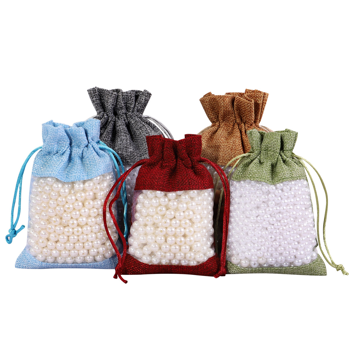 Burlap Organza Splicing Jewelry Packaging Bags With Transparent Window Drawstring Linen Mesh Pouch For Gift Sachet Jewelry Storage Accessories Packaging Pouch