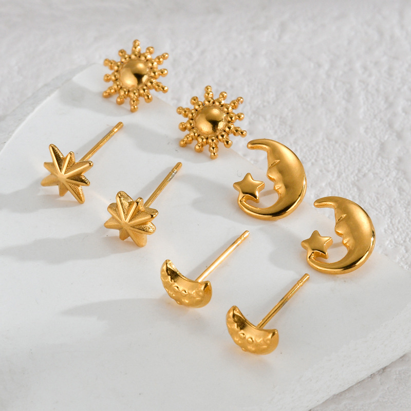 Stainless Steel Stud Earrings Celestial Star Moon Sun Dainty Minimalist Gold Plated Jewelry For Women