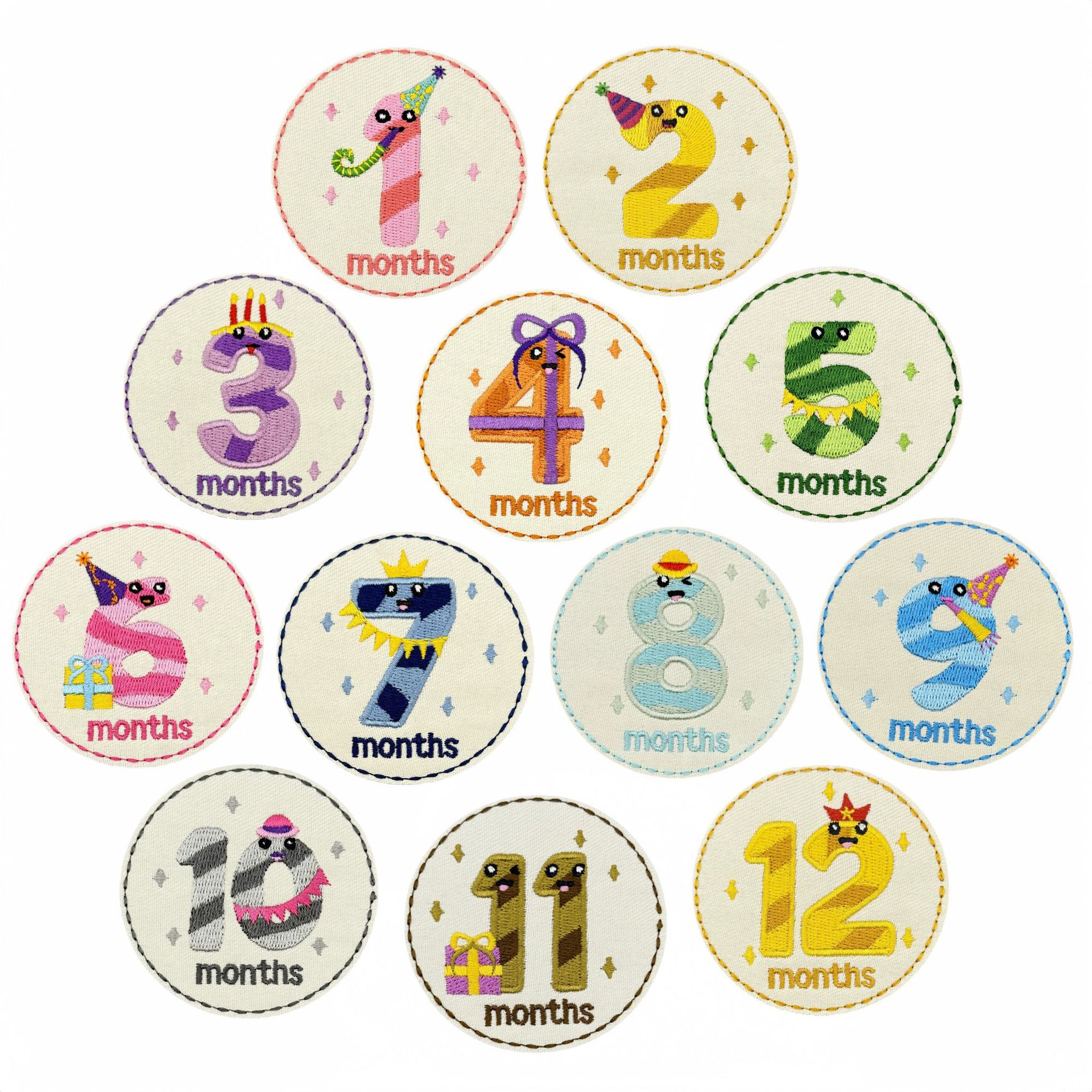 12Pcs Baby Monthly Milestone Embroidery Iron On Patches Cartoon Round Number Cloth Patches For Infant Clothing Growth Record DIY Appliques