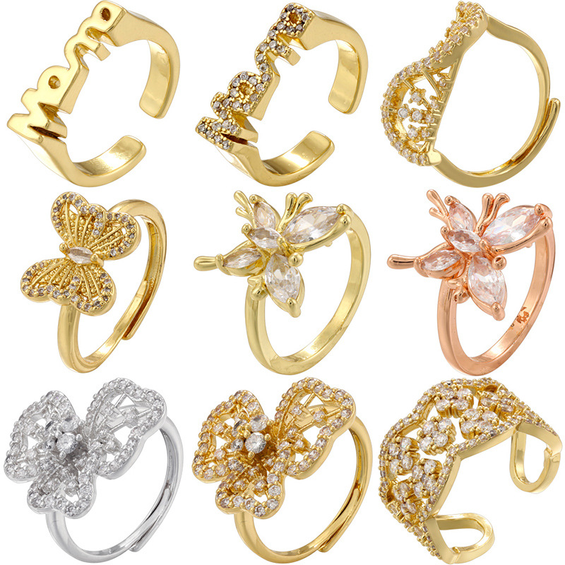 Butterfly Flower MAMA Letter Adjustable Open Rings Brass Copper Zircon Niche Design Jewelry For Women