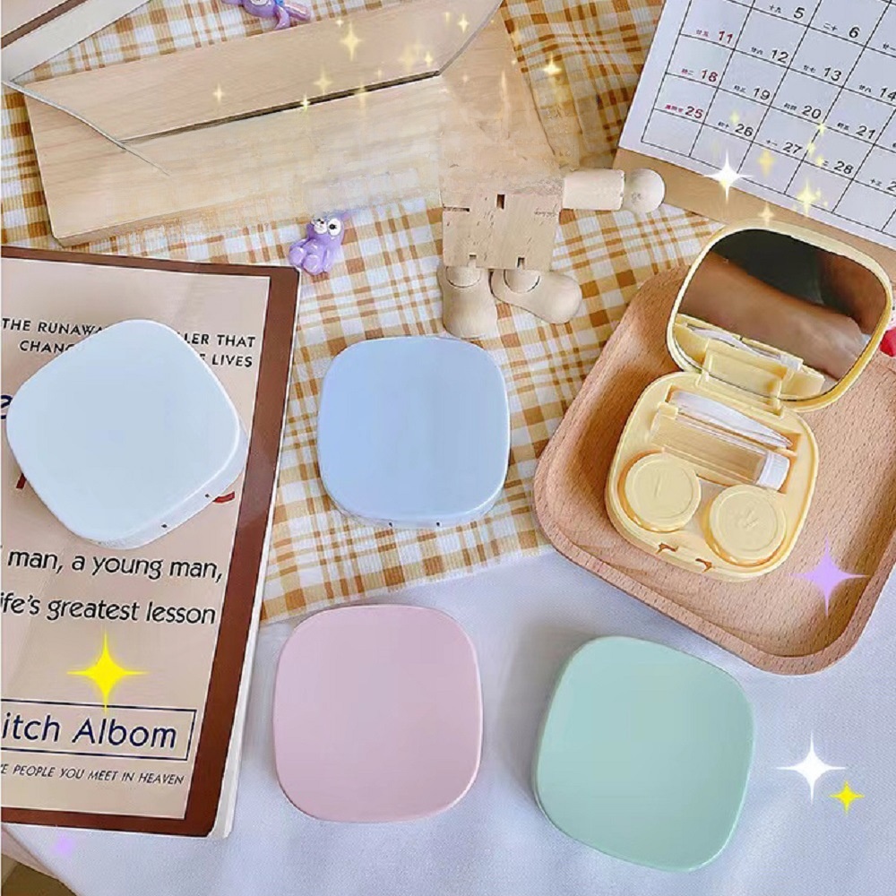 Portable Contact Lens Case Set Plastic Macaron Color With Mirror Tweezers Solution Bottle Suction Stick For Travel Outdoor Daily Use Minimalist Cute Style For Men Women Compact Storage Box Eye Care Kit