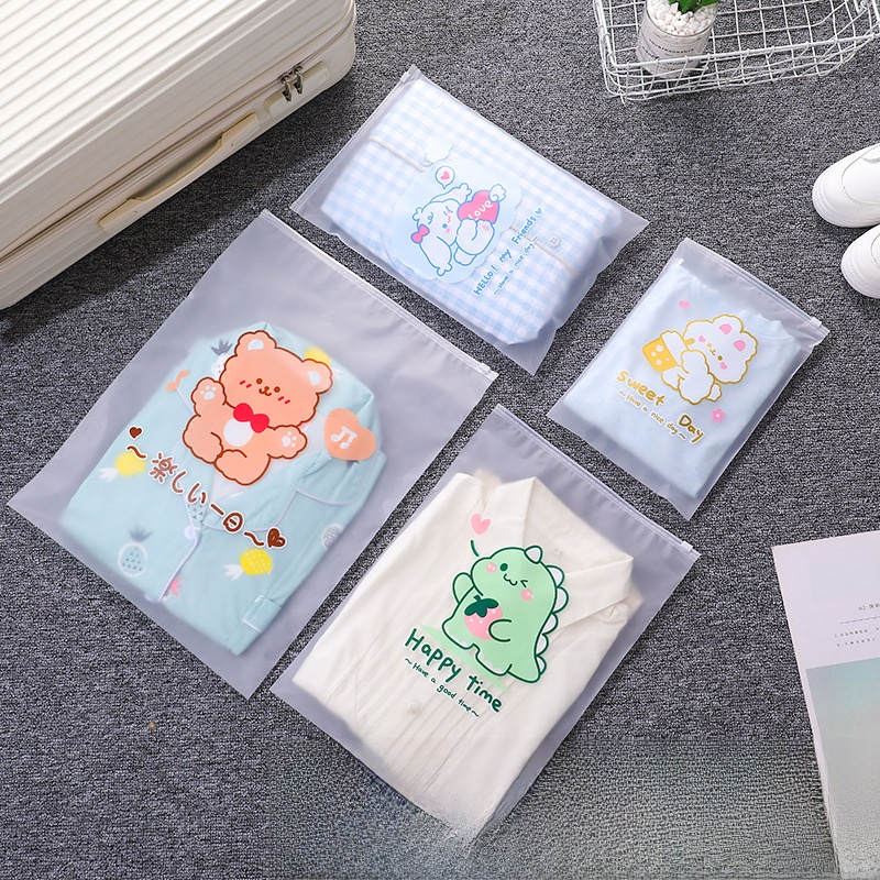 Frosted PE Plastic Travel Storage Bag Waterproof Cartoon Animal Clothes Organizer For Suitcase Makeup Baby Items Home Travel Reusable Sealing Bags