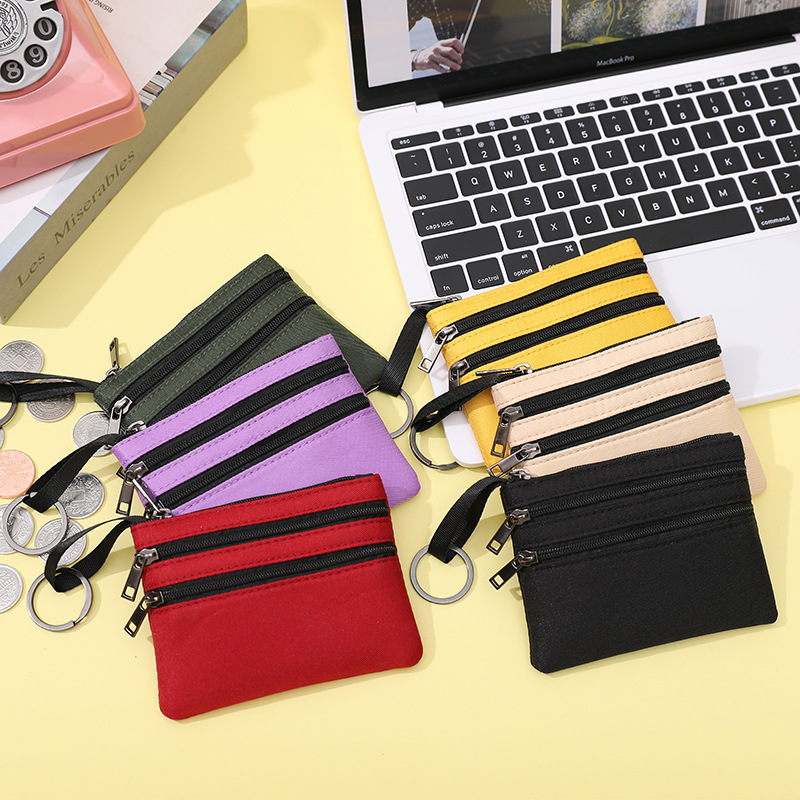 Women's Mini Coin Purse Portable Polyester Canvas Triple Zipper Pouch Small Wallet With Key Ring Holder For Coins Cards Keys Daily Storage Simple Design