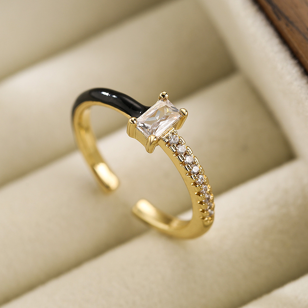 Fashion Colorful Enamel Open Ring Women 18K Gold Plated Copper Rectangle Cubic Zirconia Adjustable Finger Ring