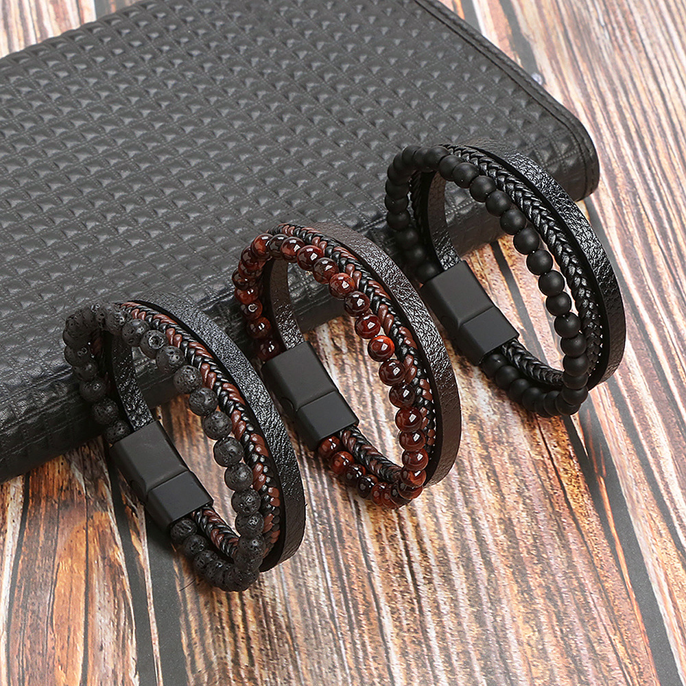 Multilayer Braided Leather Bracelet For Men With Lava Stone Tiger Eye Beads And Stainless Steel Magnetic Clasp Handmade Jewelry