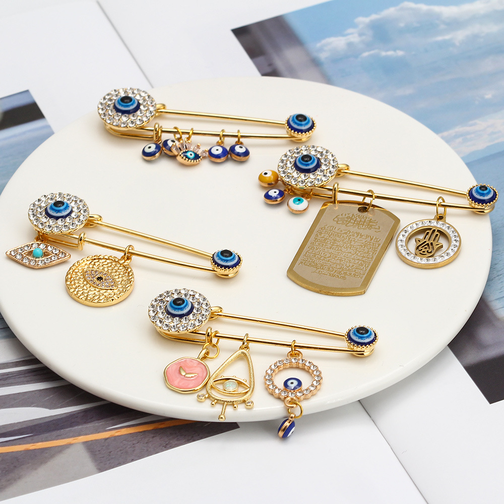 Evil Eye Hamsa Hand Safety Pin Brooch Alloy Rhinestone Enamel Talisman Jewelry For Women Men Clothing Accessories Bohemian Charms Pin For Daily Wear Party Wedding Decor