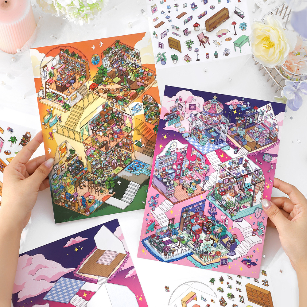 Infeel.Me 2.5D Deco Scene Stickers Large PET Paper Isometric Room Furniture Architecture Stickers For DIY Scrapbooking Journaling Planner Decor