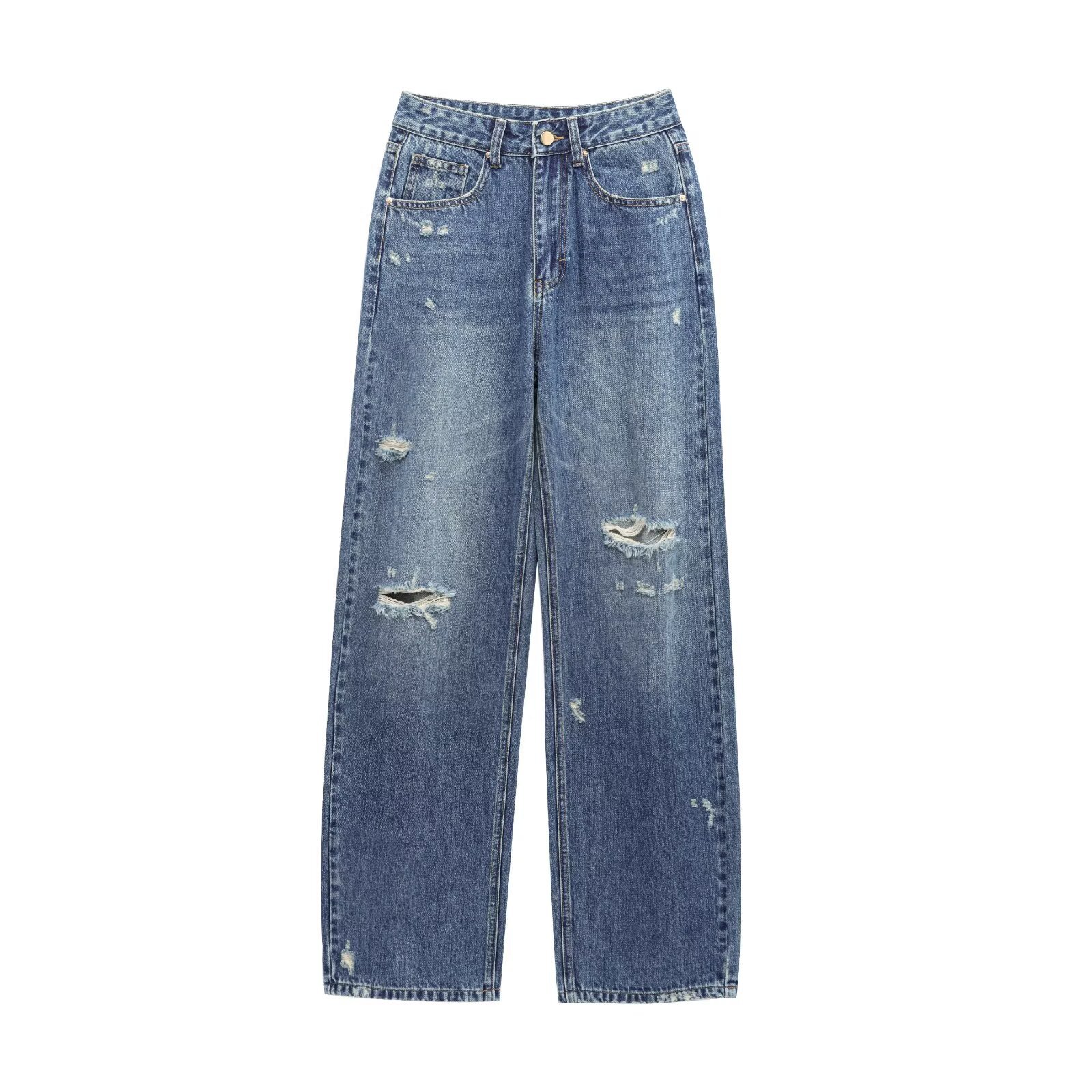 Women's Fashion High Waist Distressed Straight Leg Jeans 2025 Spring Casual Washed Denim Pants Loose Barrel Streetwear Trousers