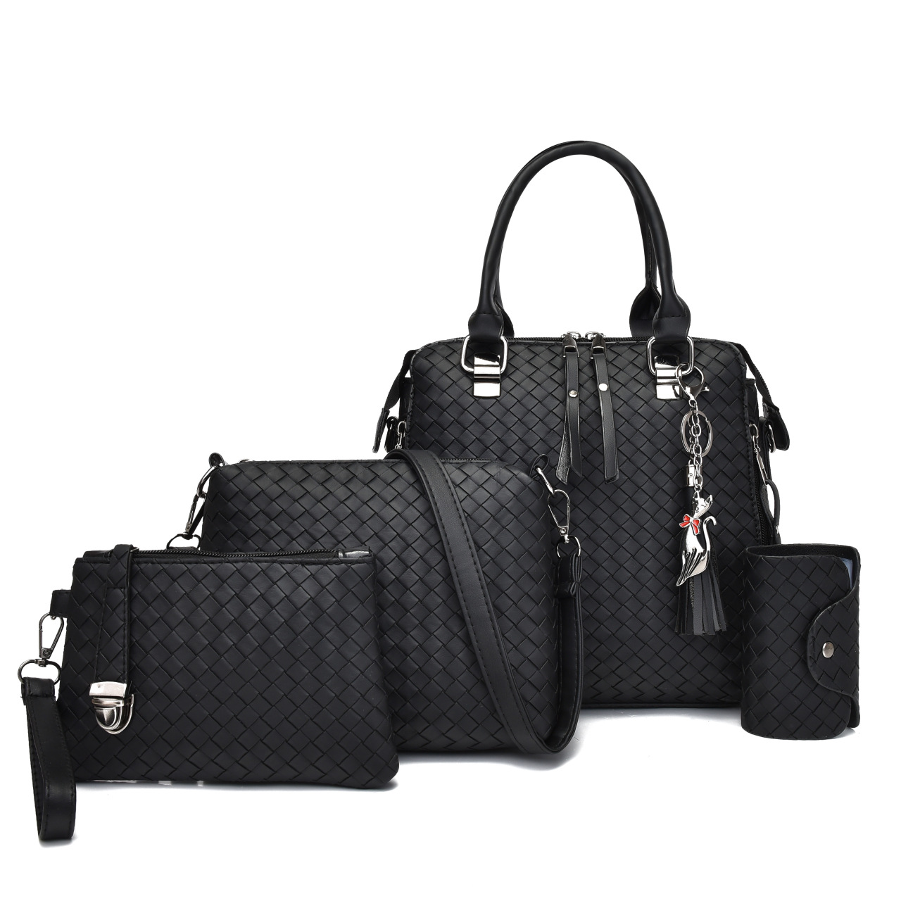 Women's 4-Piece Fashion Woven PU Leather Bag Set Tote Crossbody Bag Clutch And Wallet With Cat Charm For Travel Daily Casual Street Style