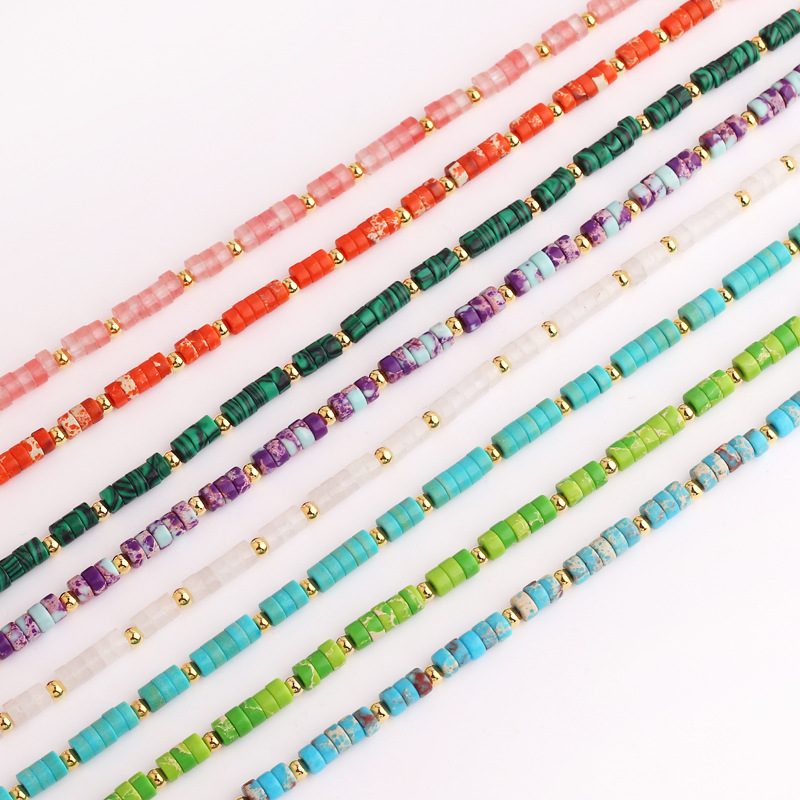 Colorful Synthetic Stone Beaded Necklace Gold Plated Brass Cylinder Bead Strand Bohemian Adjustable Jewelry For Women