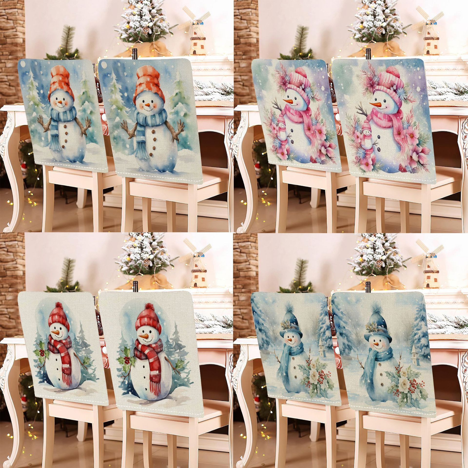 Christmas Chair Back Covers Linen Snowman Printed Chair Protector For Dining Room Restaurant Party Home Decor Festive Atmosphere