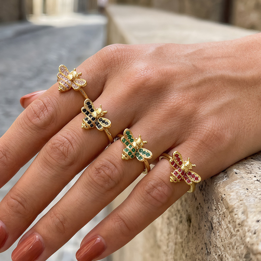 Bee Ring Gold Plated Copper Micro Pave Colorful Cubic Zirconia Open Adjustable Finger Ring Insect Jewelry For Women