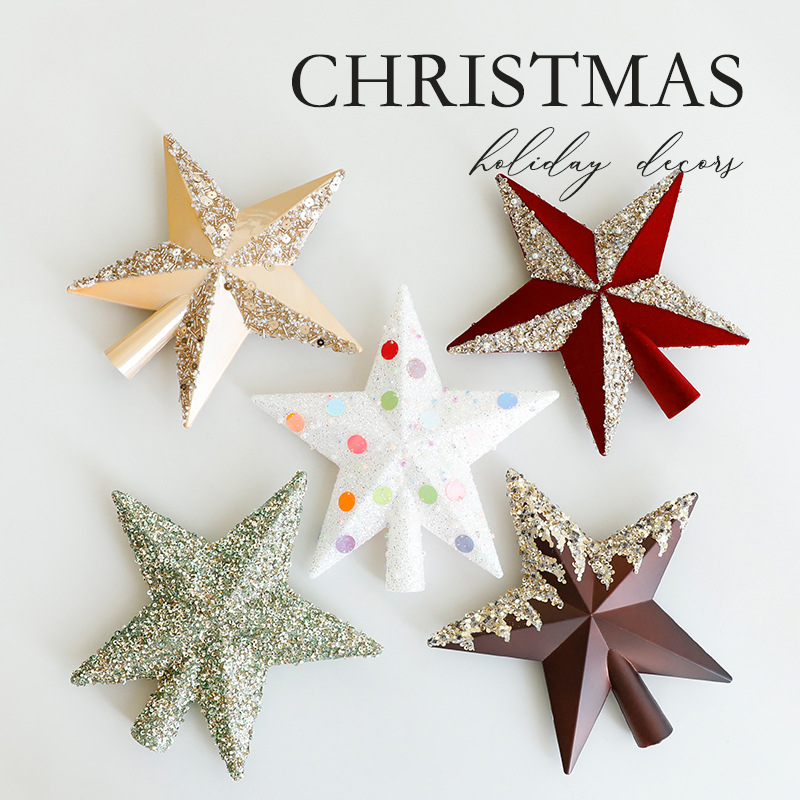 Glitter Christmas Tree Topper Star Velvet Five Pointed Star Ornament With Pearl Sequin Decor For Holiday Party Home Decoration PVC Star Tree Topper