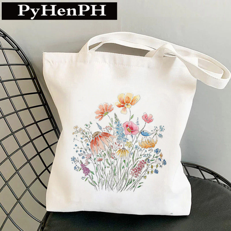 Wildflower Canvas Tote Bag Women Floral Aesthetic Print Reusable Grocery Shopping Shoulder Bag Eco-Friendly Large Capacity Handbag