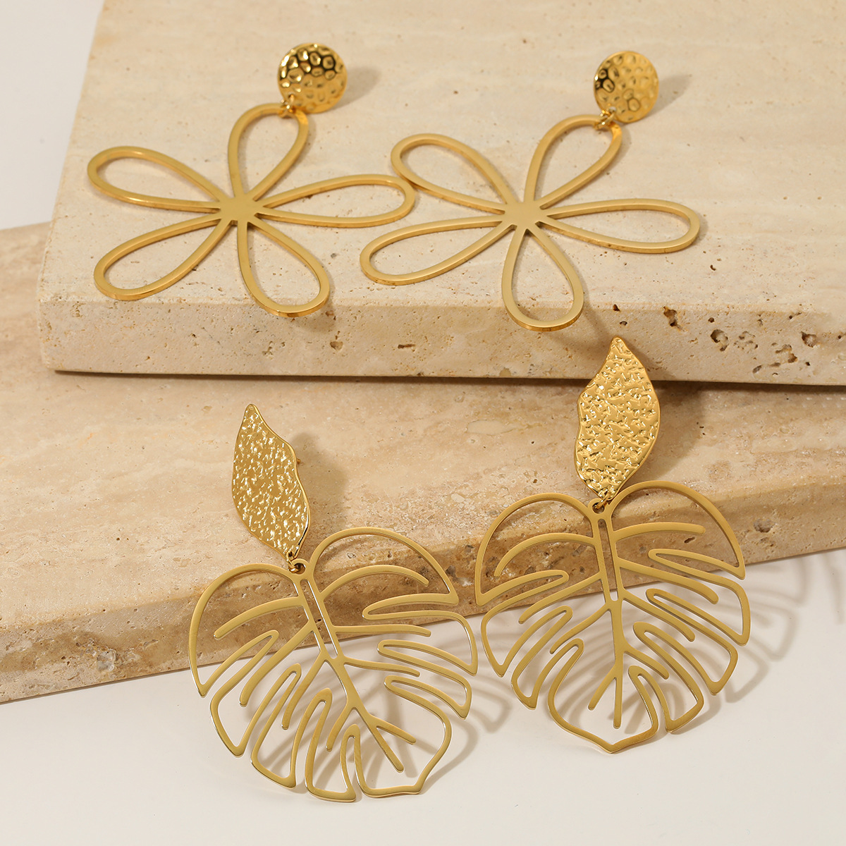 Hollow Flower Monstera Leaf Dangle Earrings 316 Stainless Steel Textured Post Elegant Boho Jewelry For Women