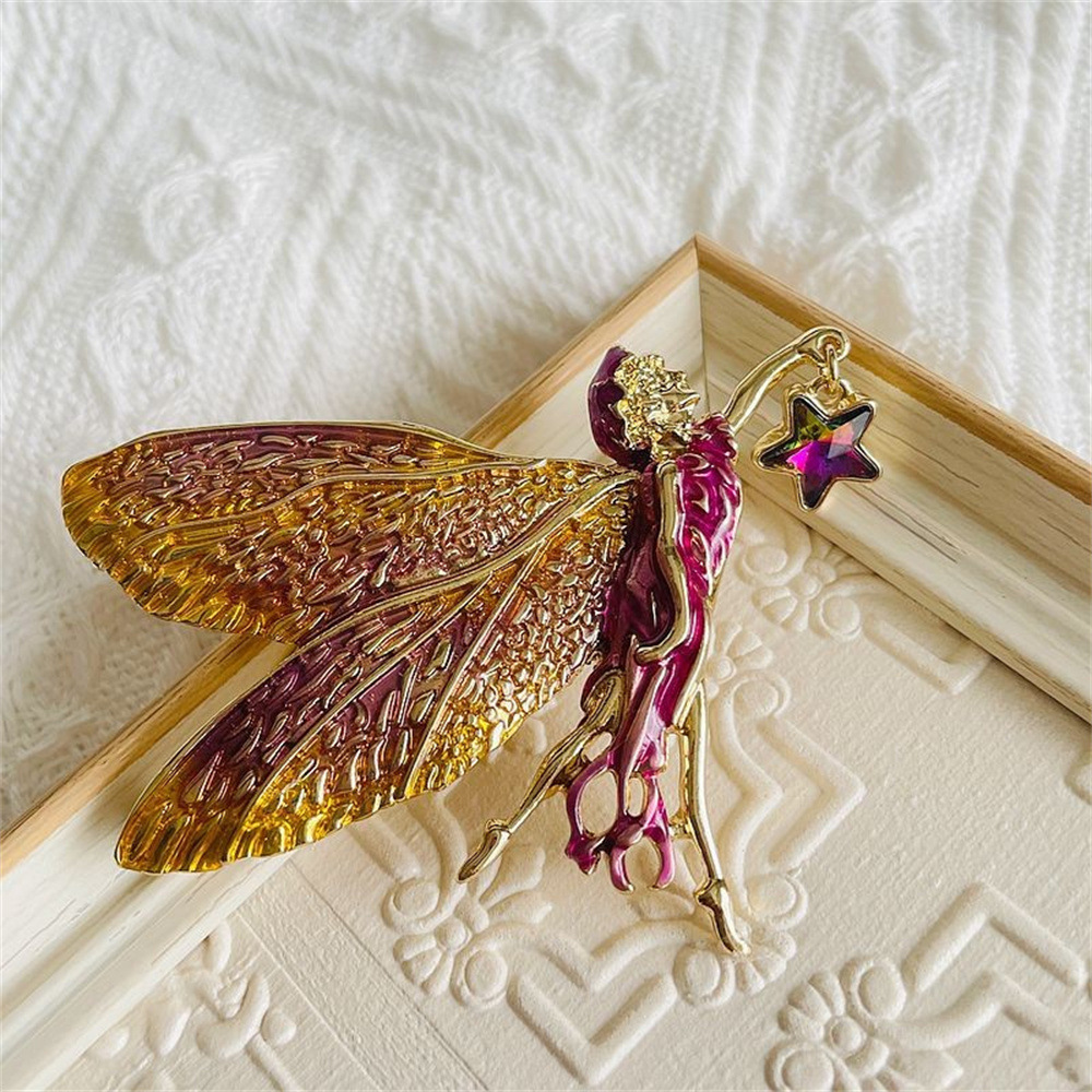 Vintage Alloy Fairy Brooch With Handmade Enamel Gradient Wings Star Pendant Rhinestone Angel Elf Pin For Women Fashion Jewelry