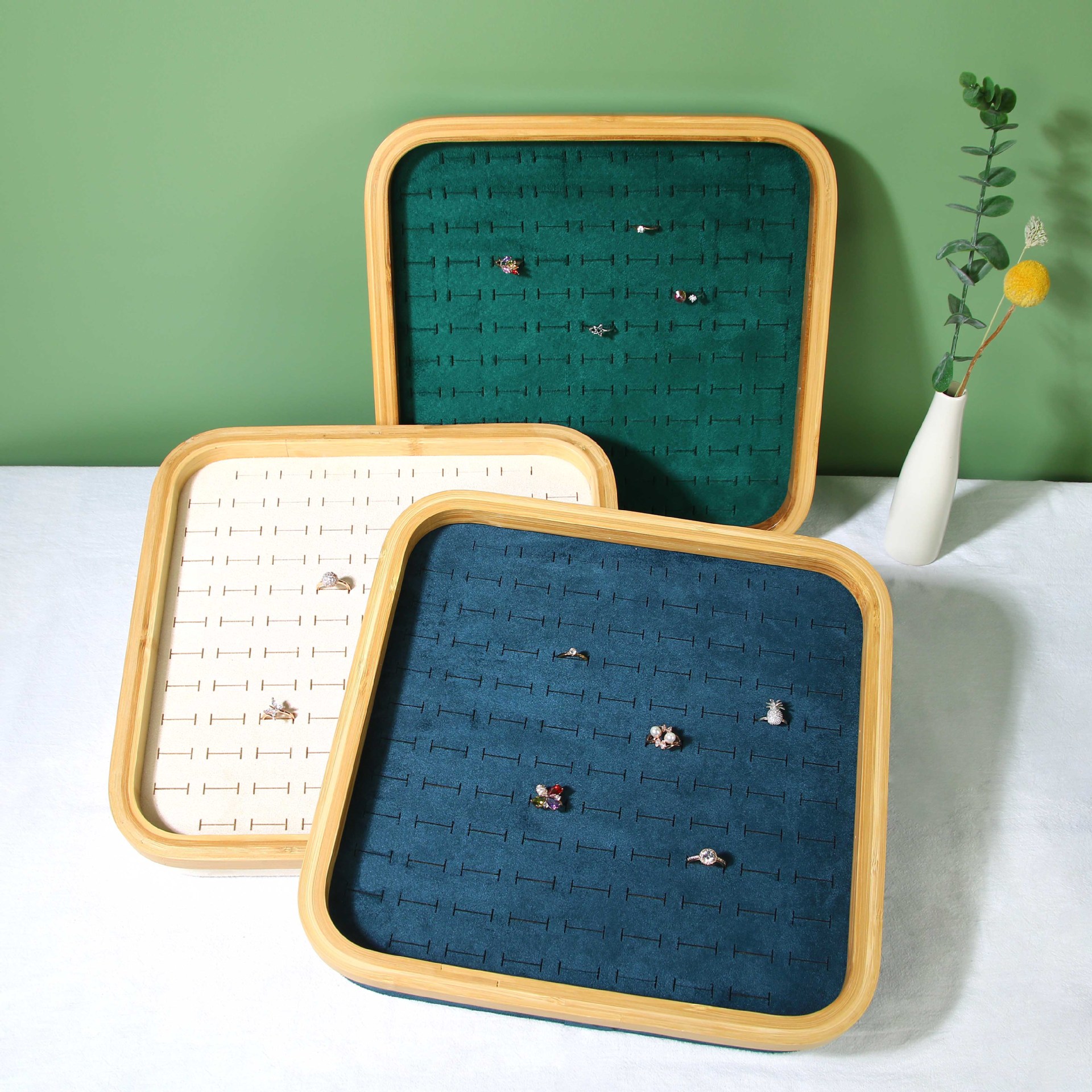 Bamboo Wood Jewelry Display Tray Velvet Ring Earring Storage Organizer For Jewelry Store Showcase Live Streaming Square Jewelry Tray