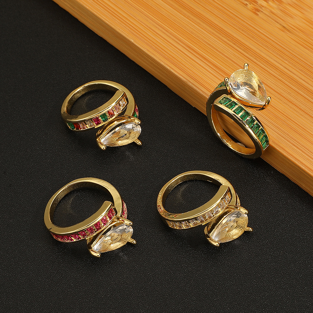 Vintage Adjustable Copper Ring With Pear Shape Zircon And Colorful Rectangular Stones Retro Fashion Jewelry For Women