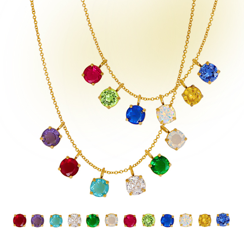 Round Cubic Zirconia Birthstone Pendant Necklace Stainless Steel Gold Plated Clavicle Chain Twelve Months Jewelry For Women