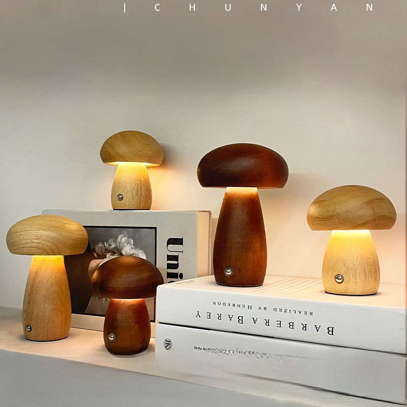 Modern Wood Mushroom Night Light LED Rechargeable Dimmable Table Lamp With Touch Sensor 3 Colors Light For Bedroom Living Room Decor Gift