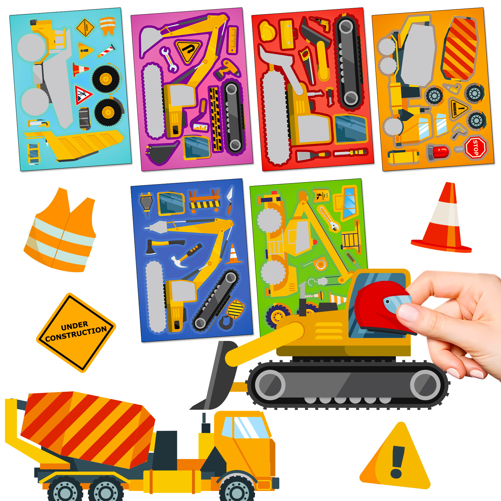 6 Sheets Pack Kids DIY Make-a-Face Construction Vehicle Stickers Cartoon Excavator Truck Bulldozer Puzzle Stickers For Boys Creative Craft Party Favors