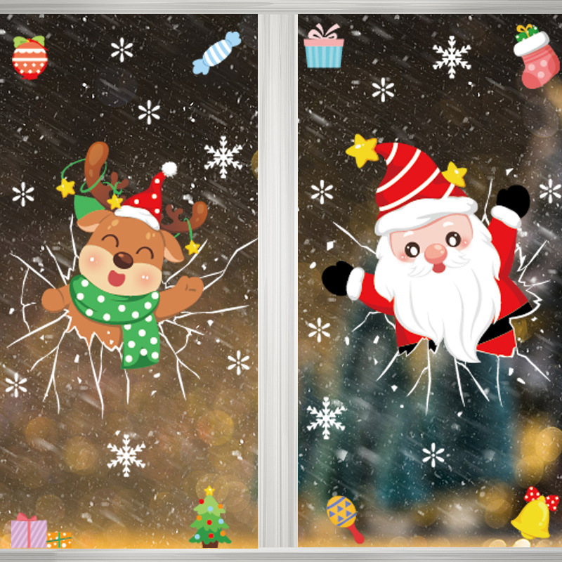 Christmas Window Stickers Static Cling PVC Santa Claus Reindeer Snowflake Window Decals For Glass Door Home Store Shop Window Decor Xmas Party Decorations
