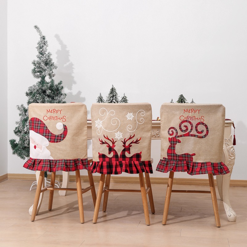 Christmas Chair Covers Linen Plaid Santa Reindeer Embroidery Chair Back Covers For Dining Room Restaurant Hotel Holiday Party Home Decor