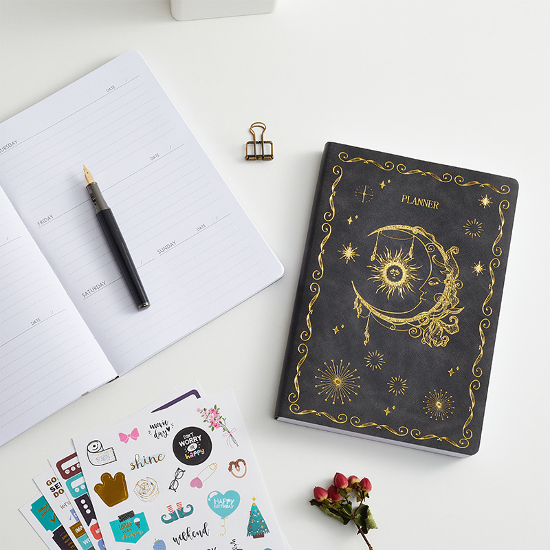A5 PU Leather Undated Weekly Planner Celestial Sun Moon Stars Bronzing Notebook Office Business Journal Schedule Book With Stickers