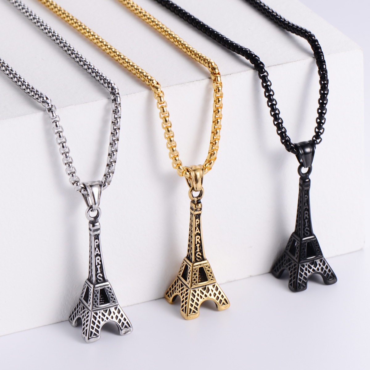 Vintage Eiffel Tower Pendant Necklace Stainless Steel 3D Paris France Retro Punk Jewelry For Men Women Box Chain