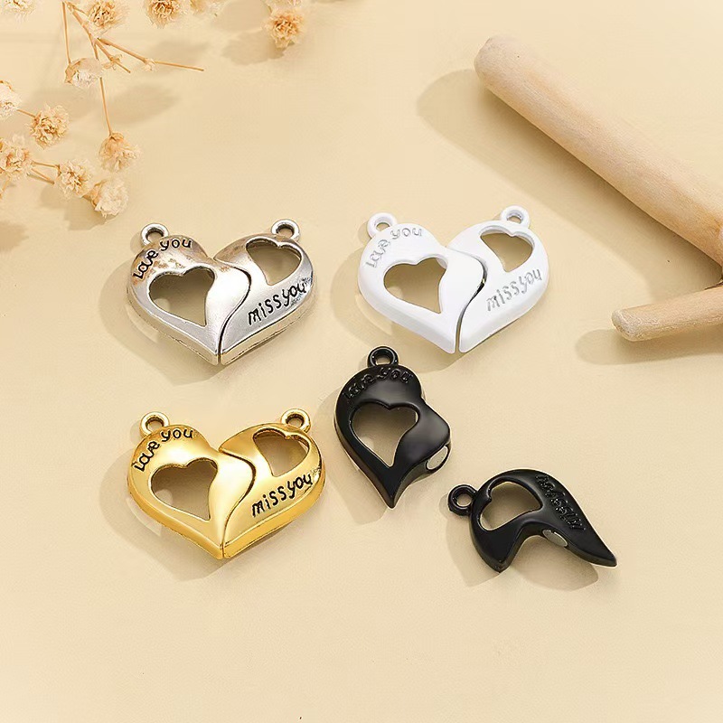 Magnet Heart Pendants Zinc Alloy Love You Miss You Lettering Matching Puzzle Pendants For Couples Best Friends Valentine Jewelry Gift