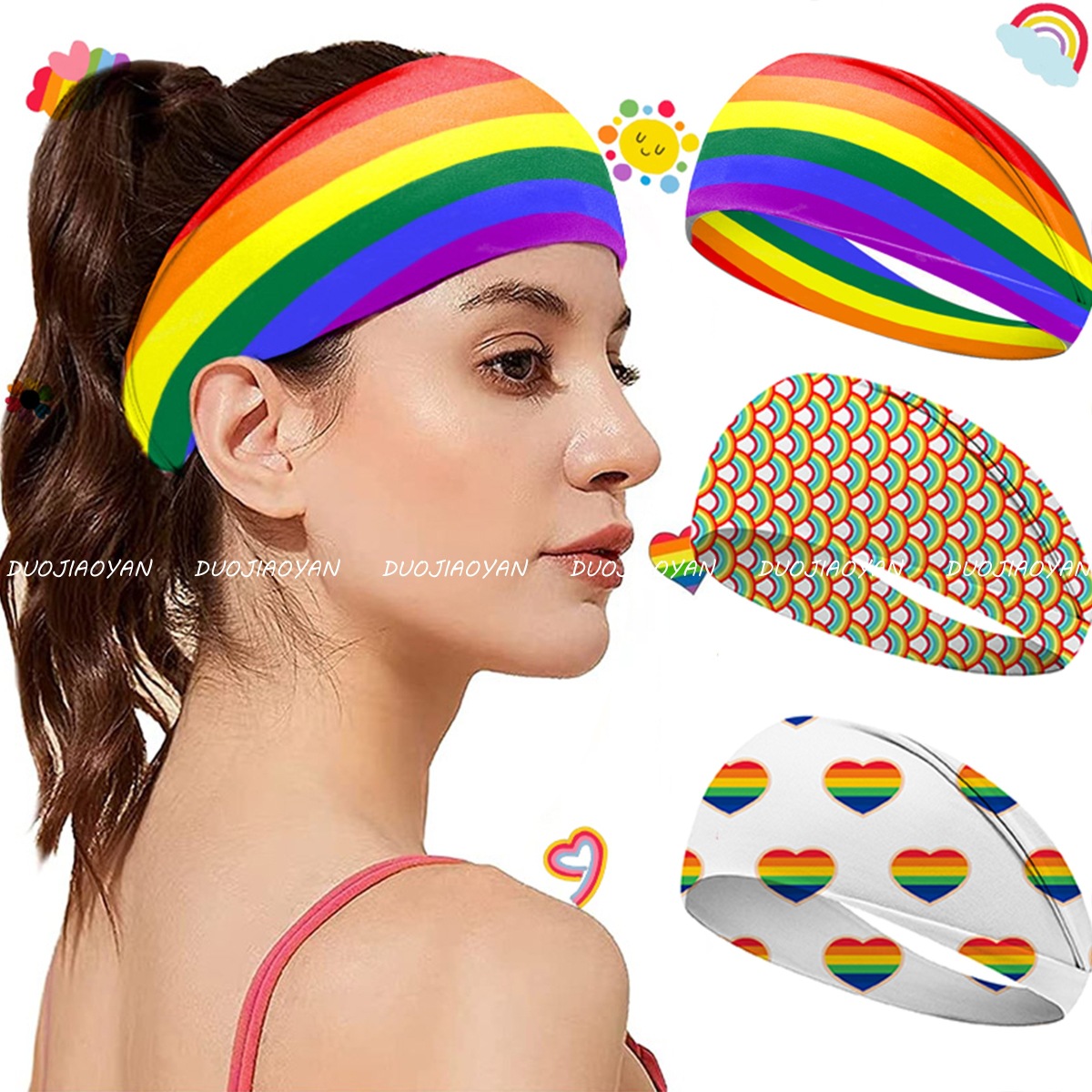 Rainbow Print Pride Headband High Elastic Polyester Sports Sweatband For Yoga Running Fitness Wide Cross Turban Unisex Hair Accessories For Pride Month